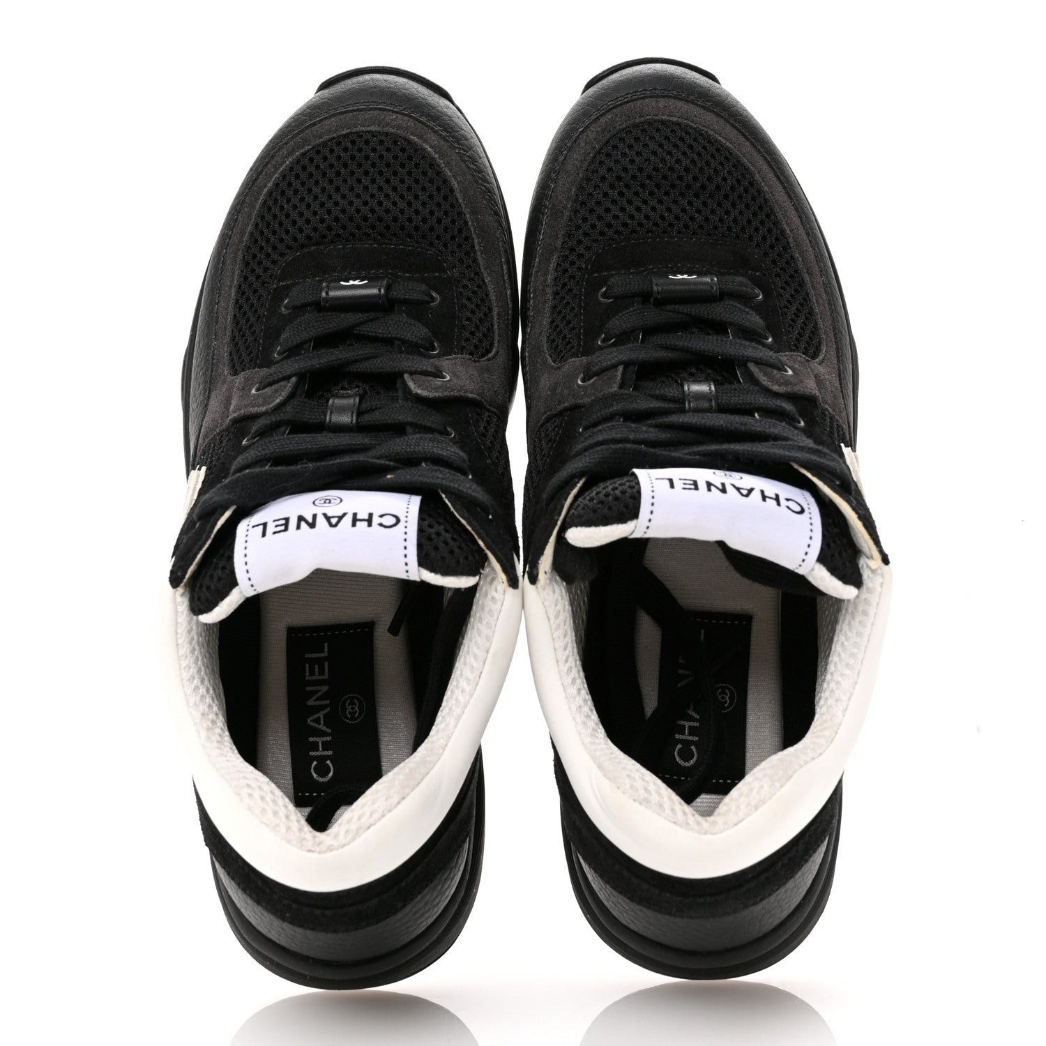 Chanel Mesh Suede Grained Calfskin Womens CC Sneakers 37 Black White 2 of 8