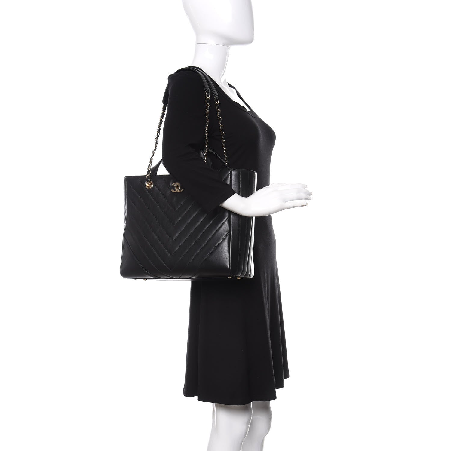 Chanel Calfskin Chevron Quilted Large Shopping Tote Black 2 of 10