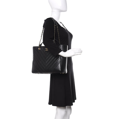 Chanel Calfskin Chevron Quilted Large Shopping Tote Black 2 of 10