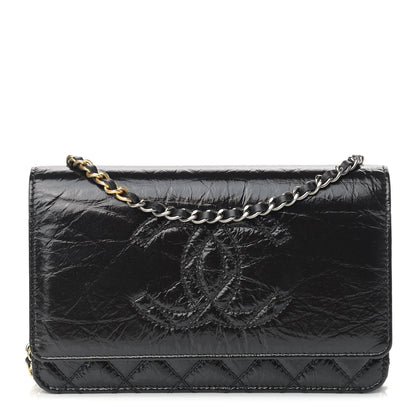 Chanel Shiny Aged Calfskin Quilted CC Wallet On Chain WOC Black 1 of 9