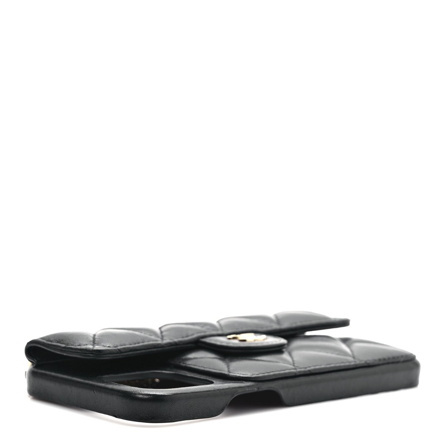Lambskin Quilted Pearl Crush iPhone XII Pro Holder With Chain Black
