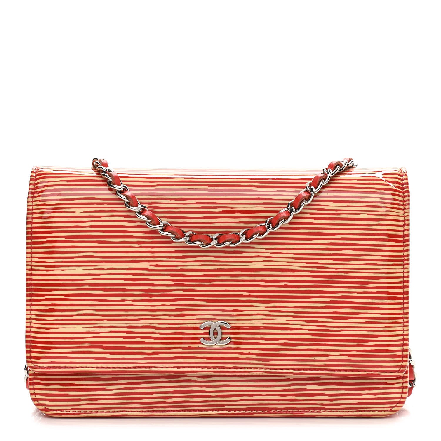 Chanel Patent Striped Wallet On Chain WOC Red 1 of 15