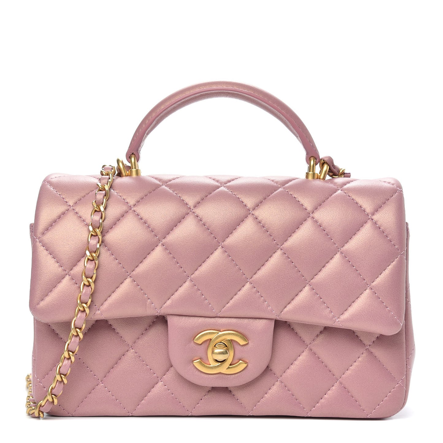 Iridescent Lambskin Quilted Mini Top Handle Rectangular Flap Pink