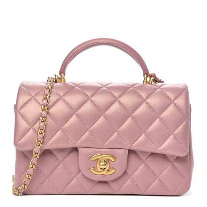 Chanel Iridescent Lambskin Quilted Mini Top Handle Rectangular Flap Pink 1 of 11
