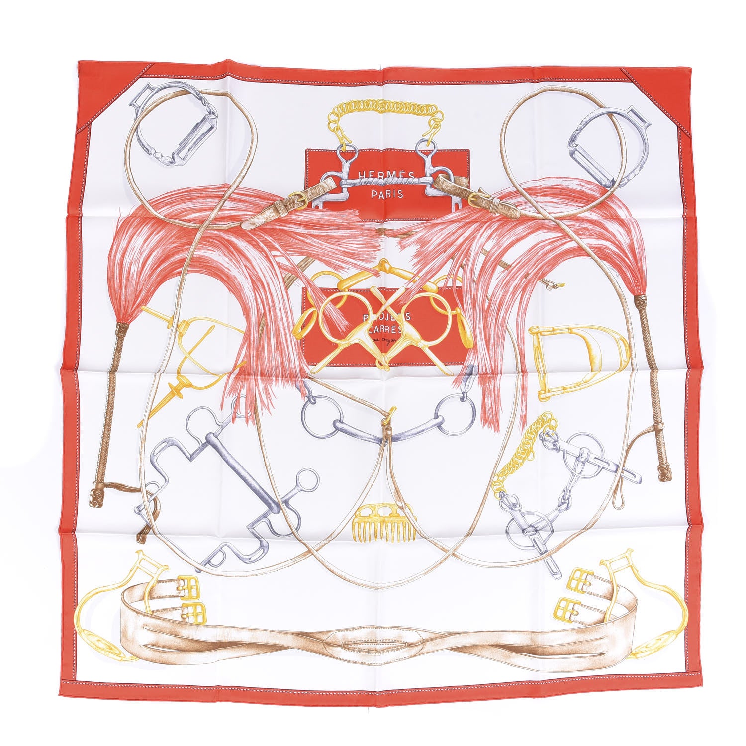 Hermes Silk Projets Carres au Crayon Scarf 90 Rouge White Or 1 of 5