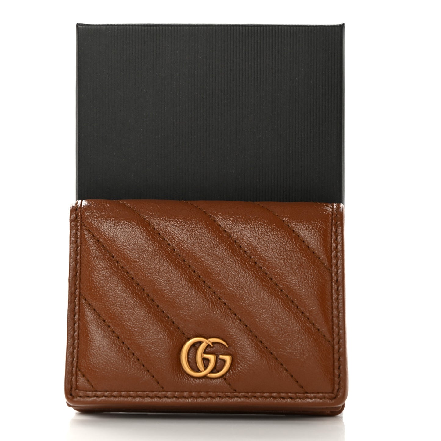 Azalea Calfskin Matelasse Diagonal Torchon GG Marmont Card Case Wallet Brown