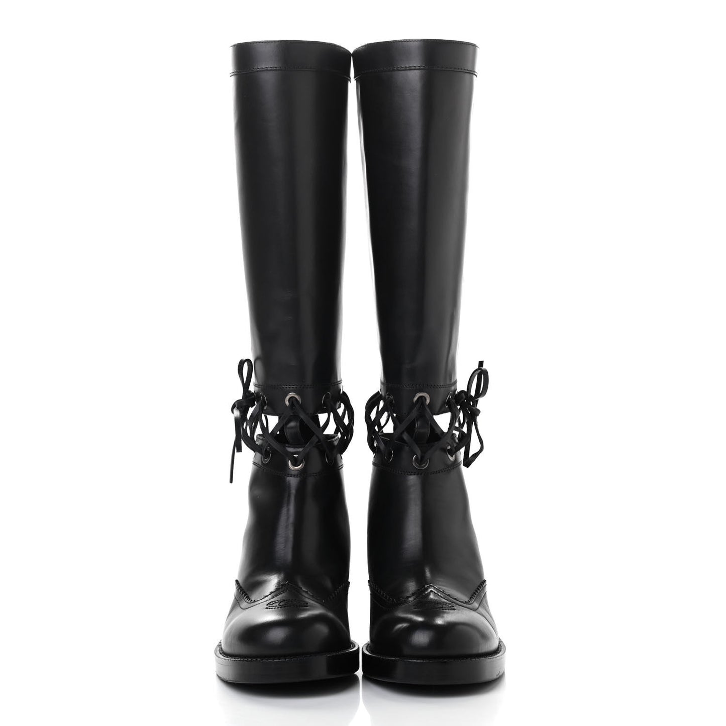 Calfskin Lace Up Knee High Boots 40 Black