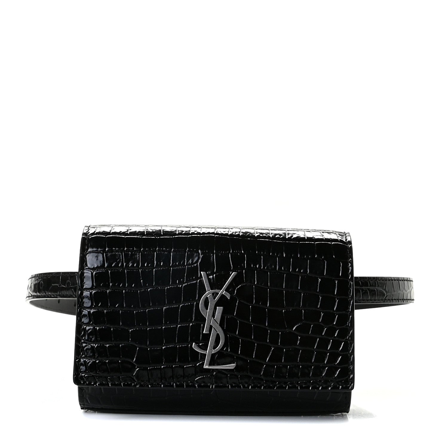 Saint Laurent Calfskin Crocodile Embossed Monogram Kate Belt Bag Black 1 of 11