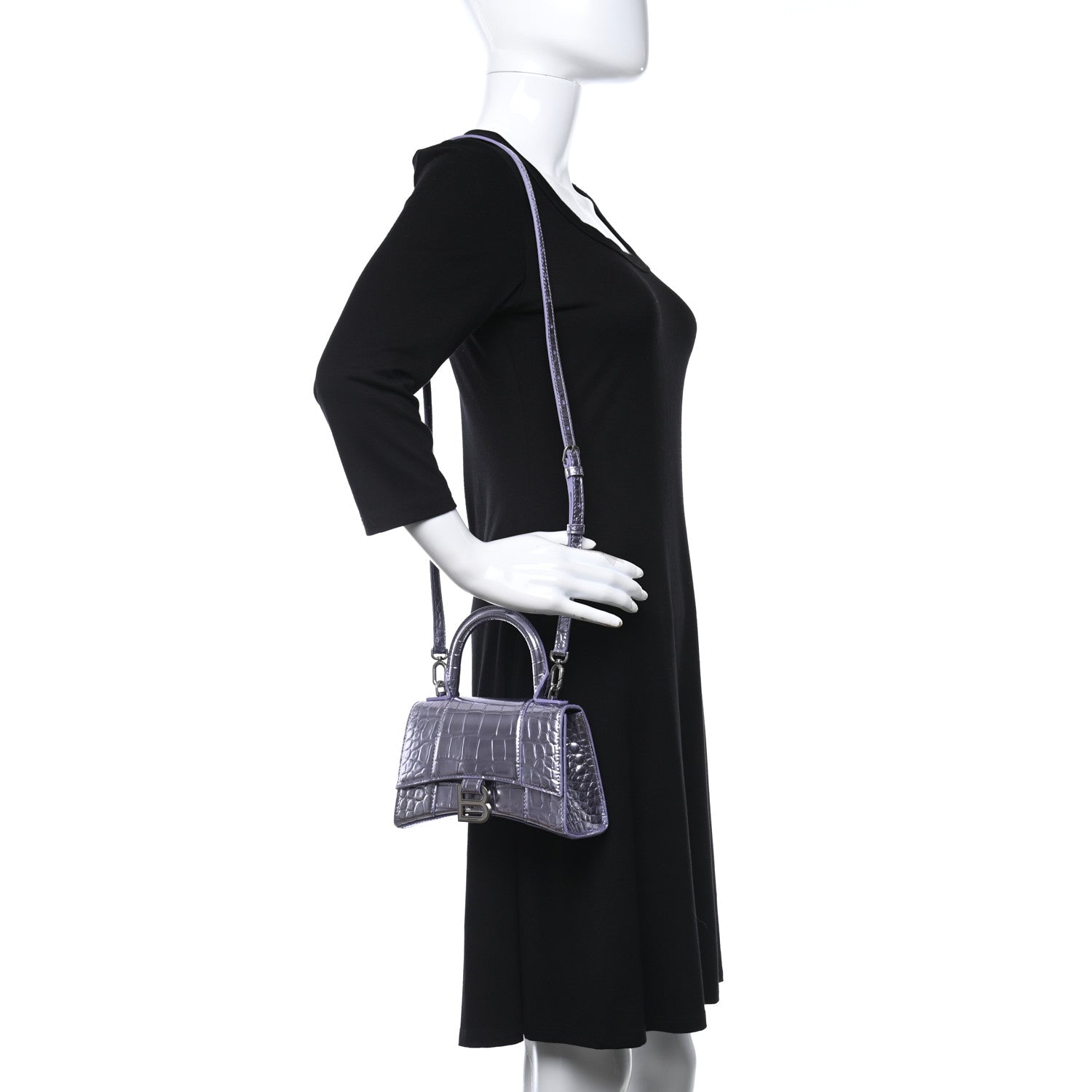 Balenciaga Metallic Calfskin Crocodile Embossed Hourglass Top Handle Bag XS Lilac 2 of 15
