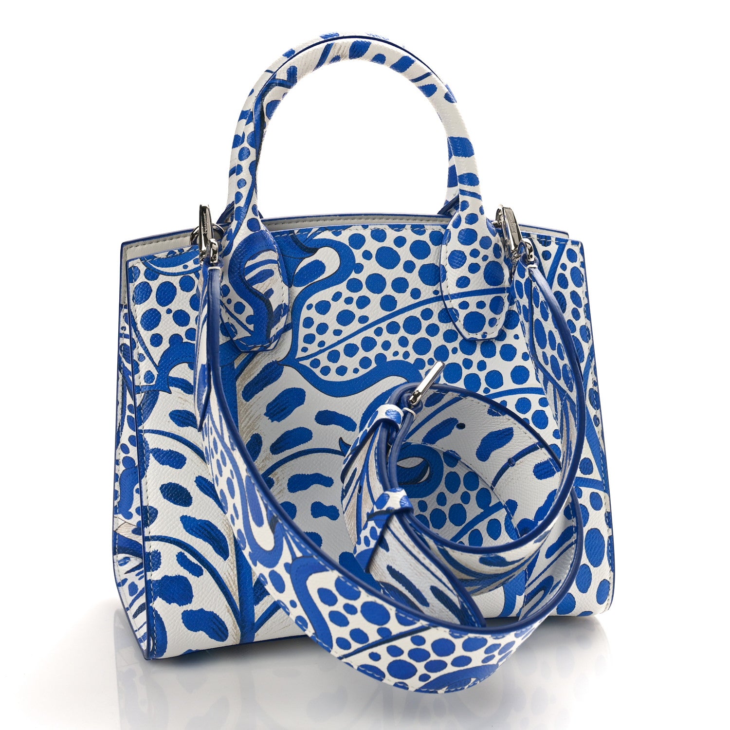 Salvatore Ferragamo トートバッグ ホワイト/ブルー Salvatore Ferragamo Calfskin Foliage Print Mini The Studio Bag