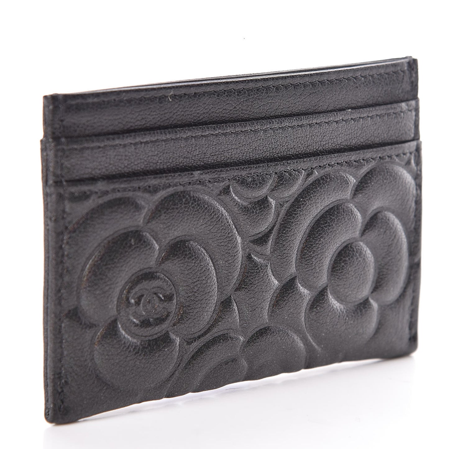 Goatskin Camellia Embossed Card Holder Anthracite