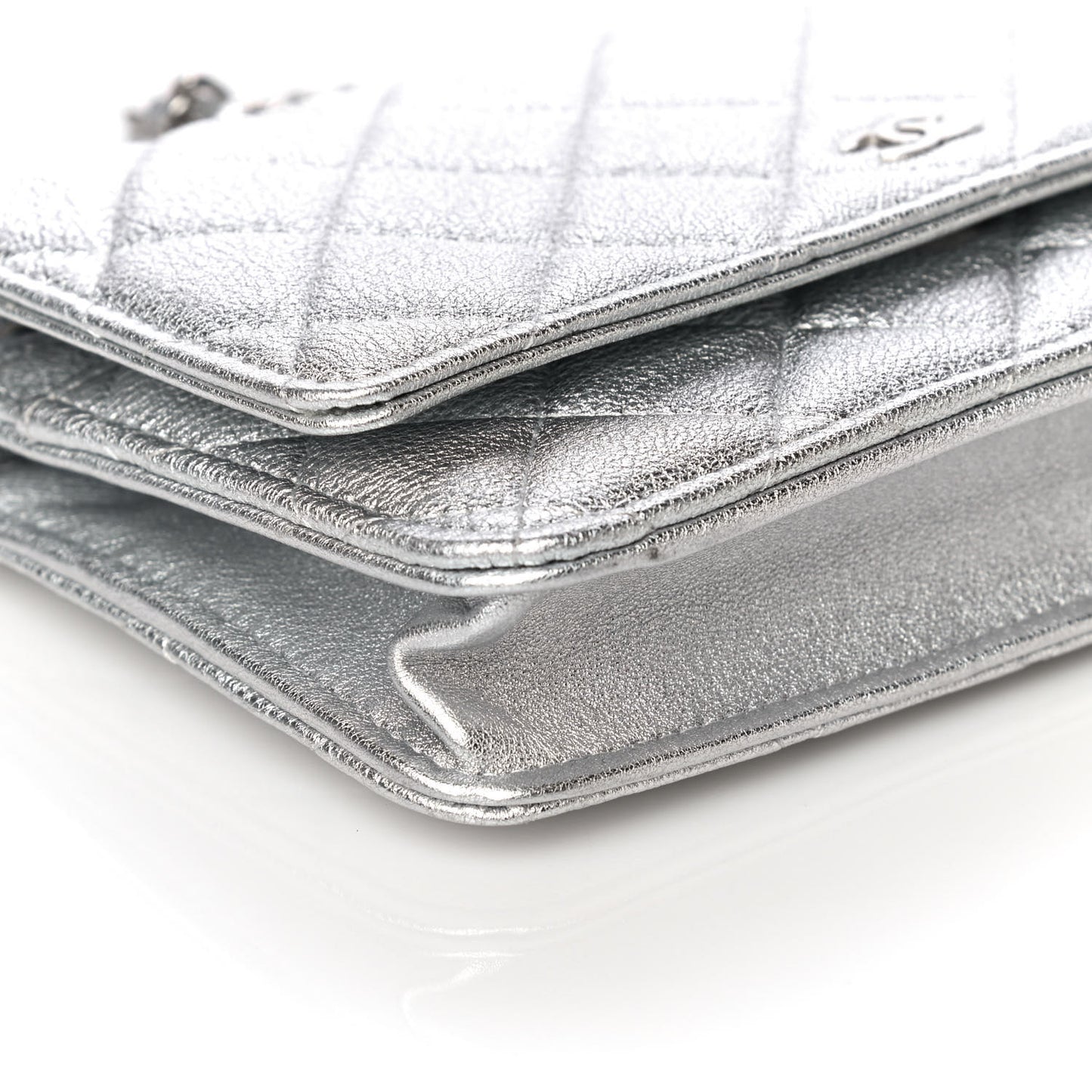 Metallic Lambskin Quilted Wallet On Chain WOC Silver