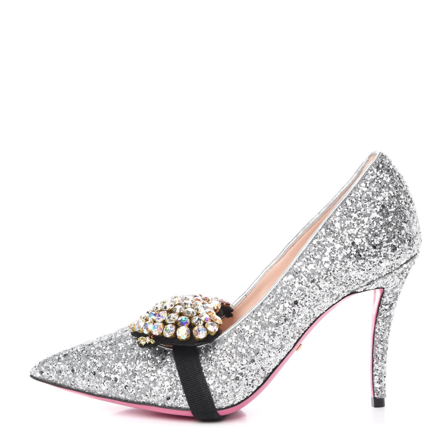 Nappa Silk Glitter Removable Crystal Heart Pumps 38.5 Argento