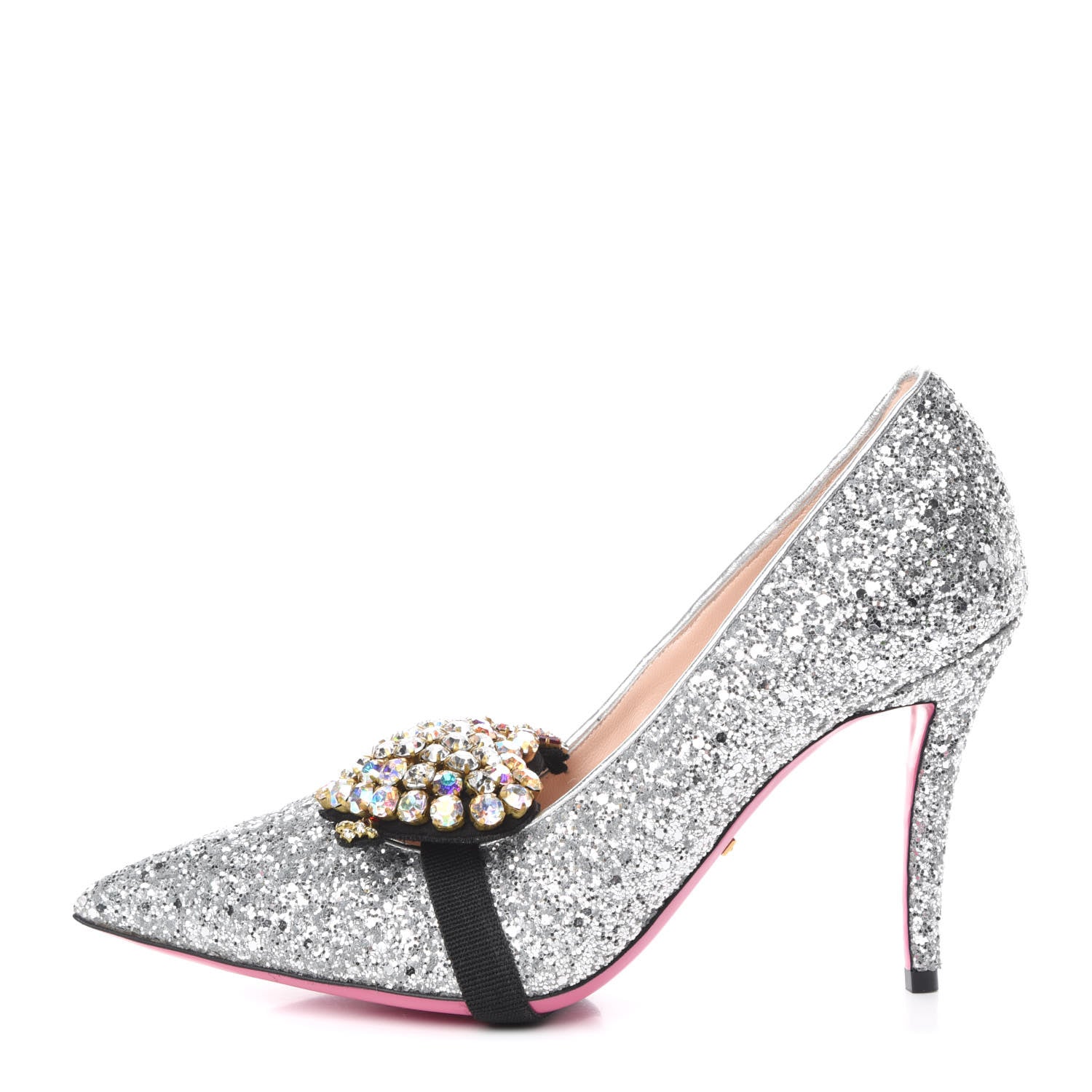 Gucci Nappa Silk Glitter Removable Crystal Heart Pumps 38.5 Argento 1 of 11
