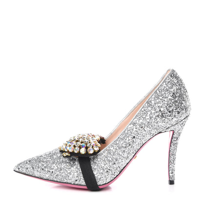 Gucci Nappa Silk Glitter Removable Crystal Heart Pumps 38.5 Argento 1 of 11