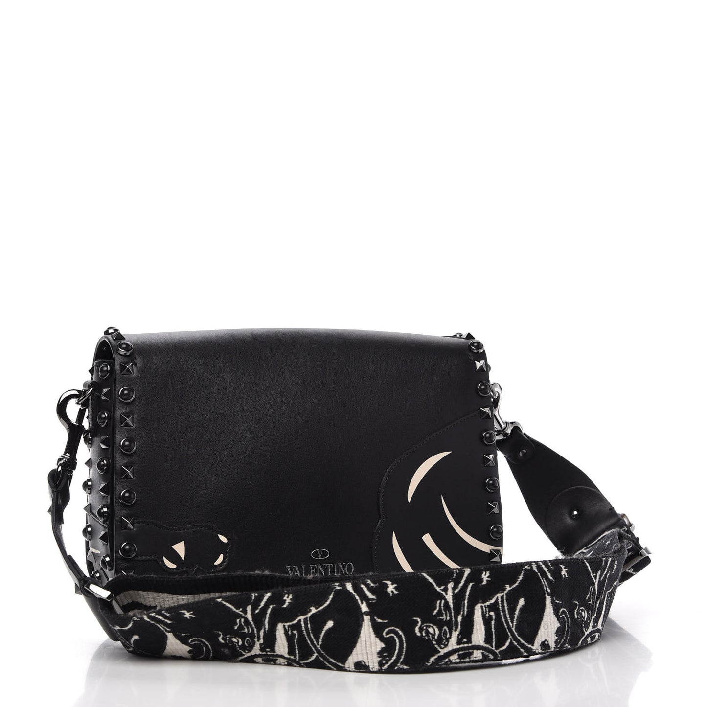 Calfskin Panther Medium Guitar Strap Rockstud Rolling Flap Saddle Bag Black