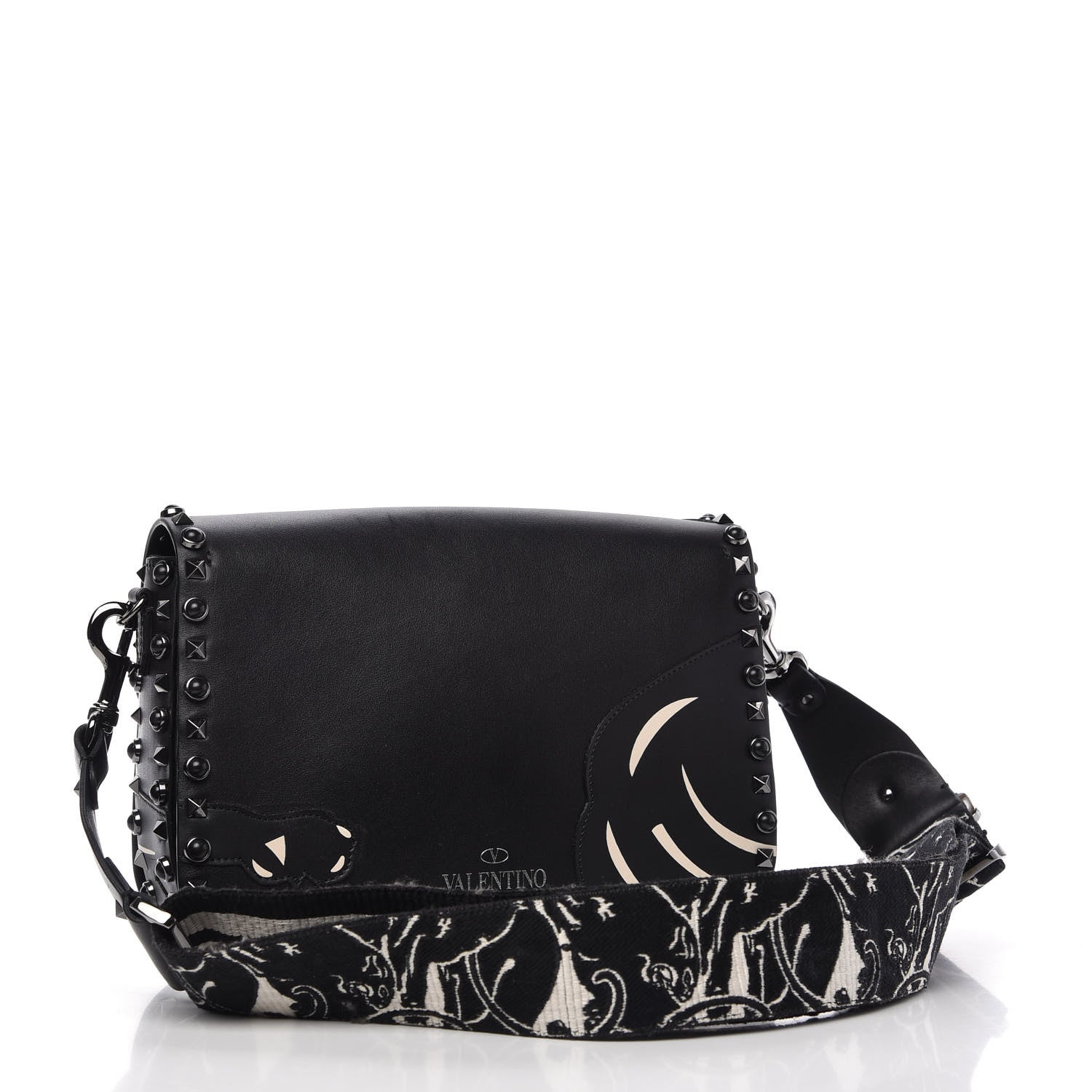 Valentino Garavani Calfskin Panther Medium Guitar Strap Rockstud Rolling Flap Saddle Bag Black 3 of 9
