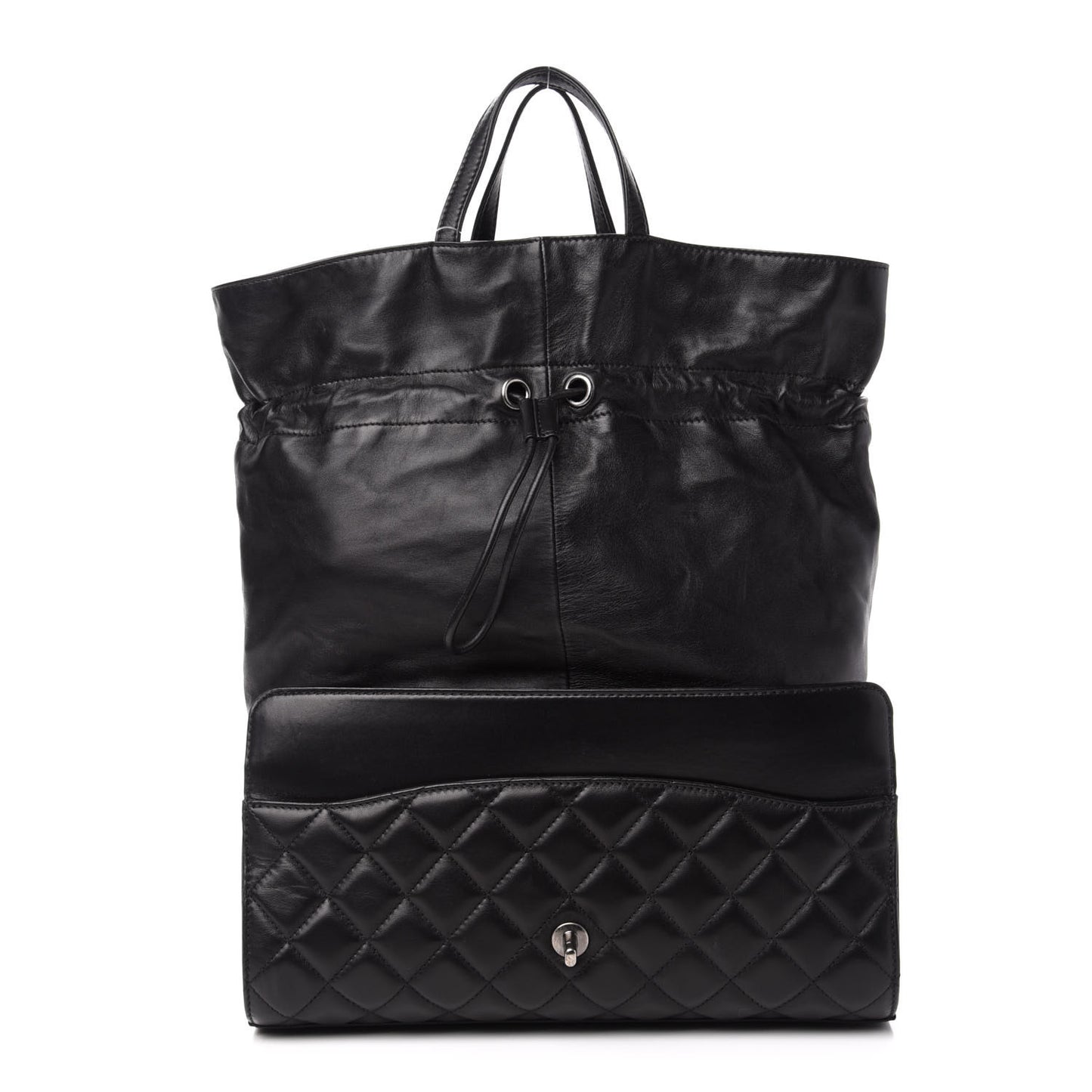 Lambskin Quilted Jumbo Grocery By Chanel Drawstring Shopping Bag Black