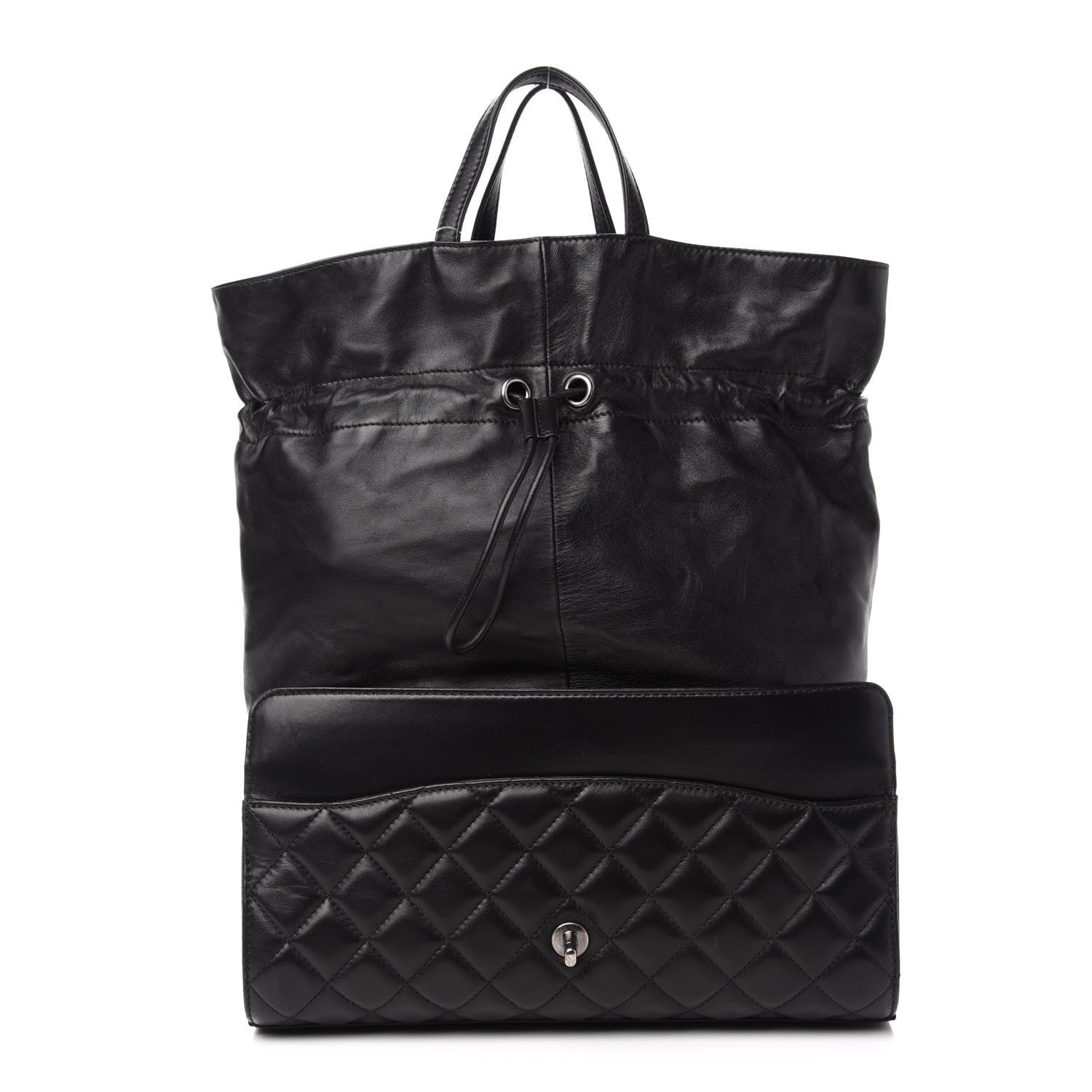 Chanel Lambskin Quilted Jumbo Grocery By Chanel Drawstring Shopping Bag Black 4 of 13