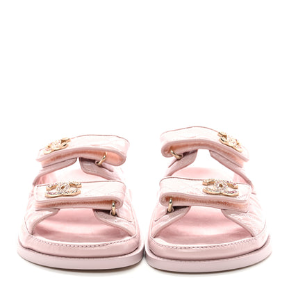 Chanel Shiny Calfskin Crystal Quilted Velcro Dad CC Slide Sandals 38 Light Pink 4 of 8