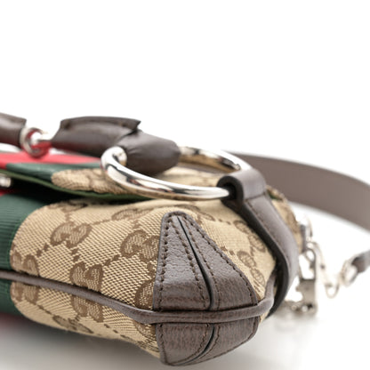Gucci Monogram Textured Dollar Calfskin Heavy Grosgrain Web Small Maxi Horsebit Chain Shoulder Bag Beige Ebony New Acero 10 of 11