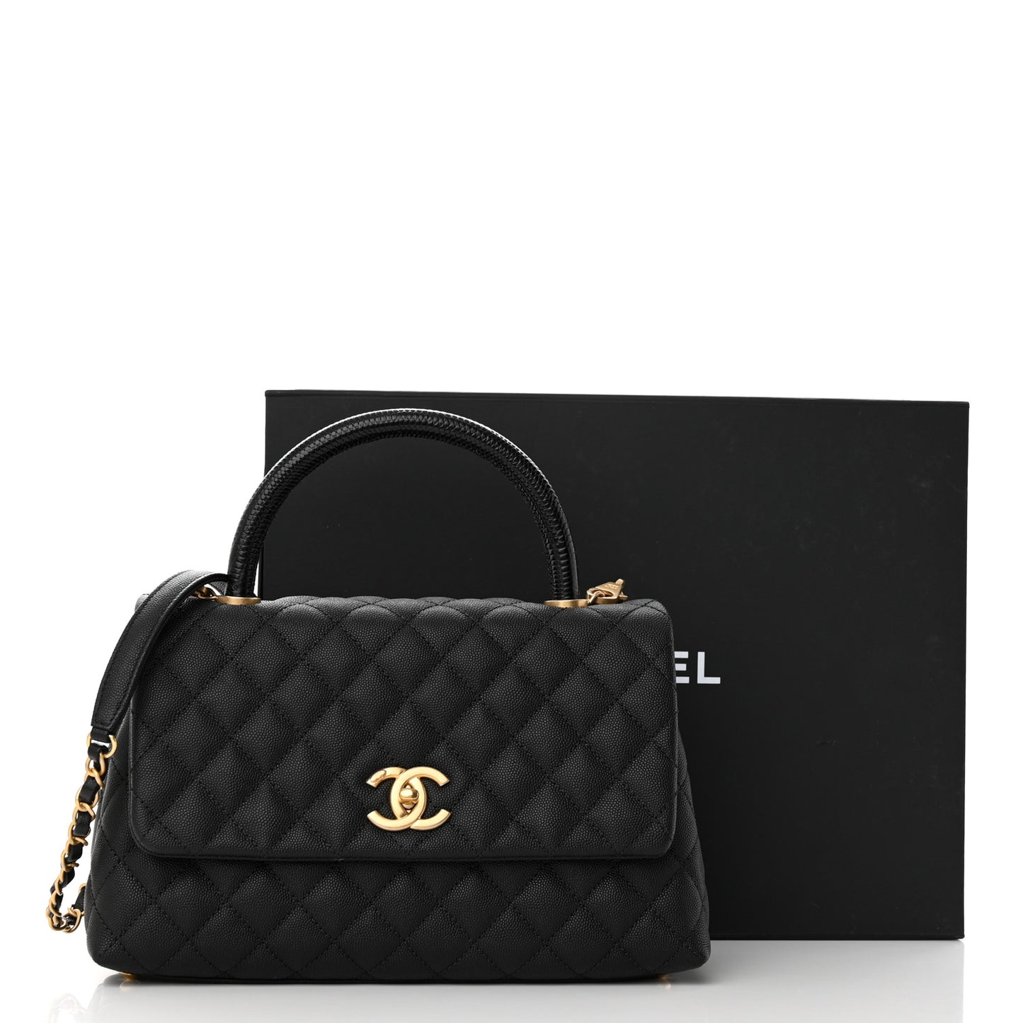 Caviar Lizard Embossed Quilted Small Coco Handle Flap Black