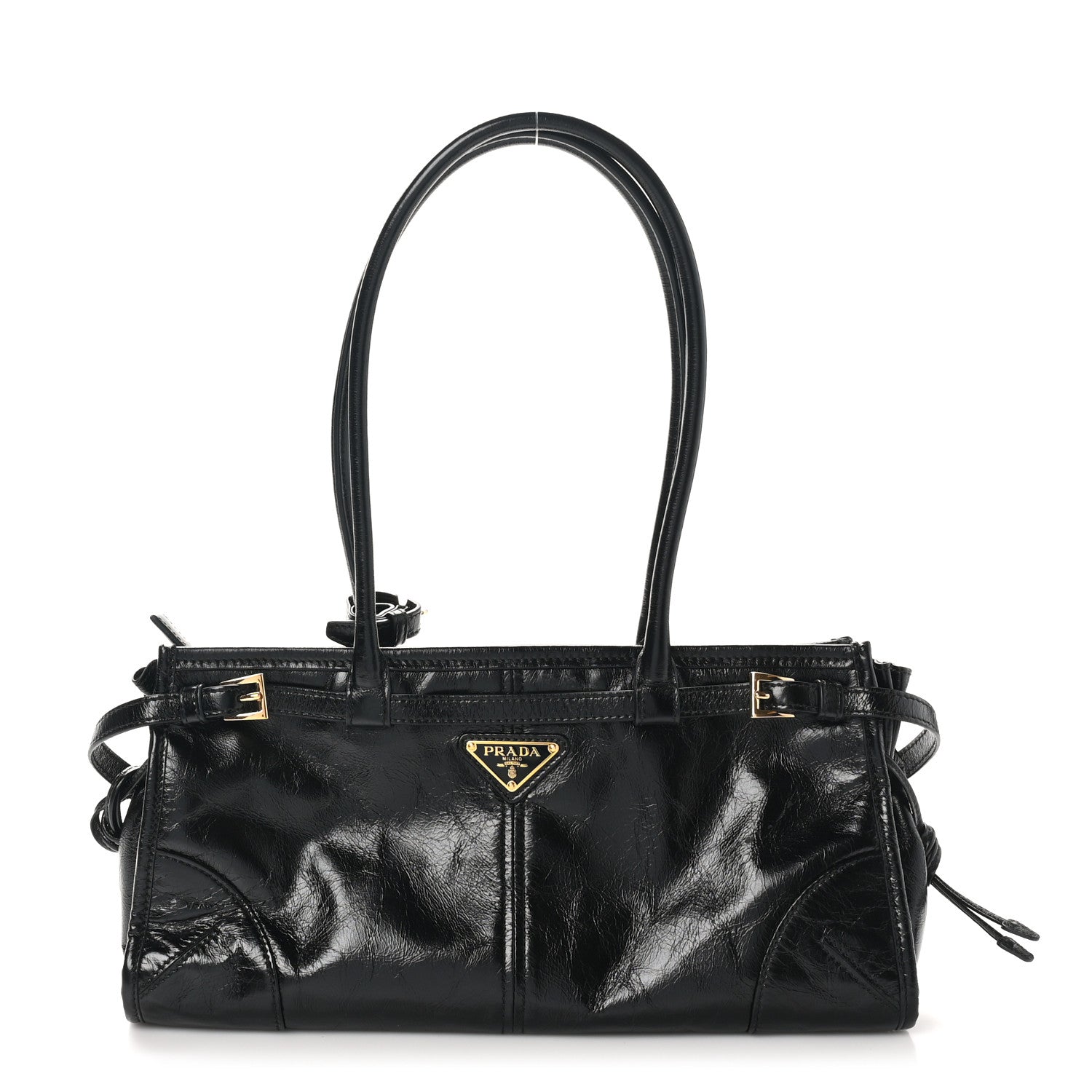Prada Glossy Calfskin Triangle Medium Bonnie Shoulder Bag Black 1 of 9