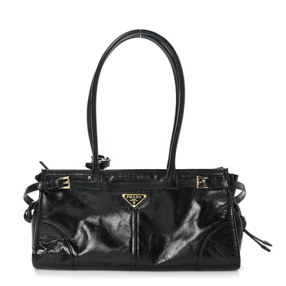 Prada Glossy Calfskin Triangle Medium Bonnie Shoulder Bag Black 1 of 9