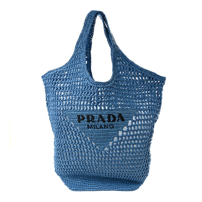 Prada Yarn Raffia Effect Crochet Logo Embroidered Shopping Tote Bag Celeste 1 of 8