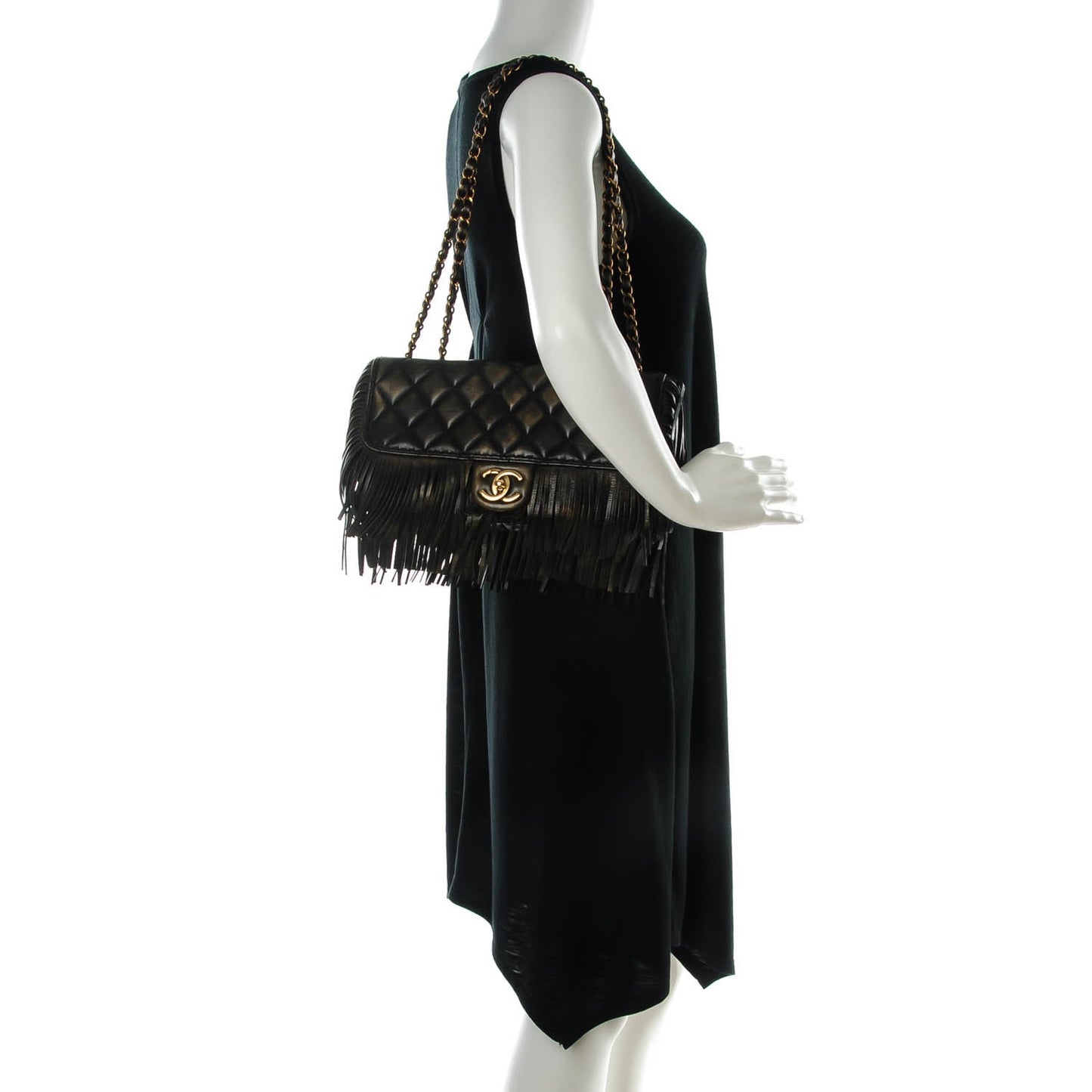Metallic Calfskin Quilted Large Into The Fringe Flap Black
