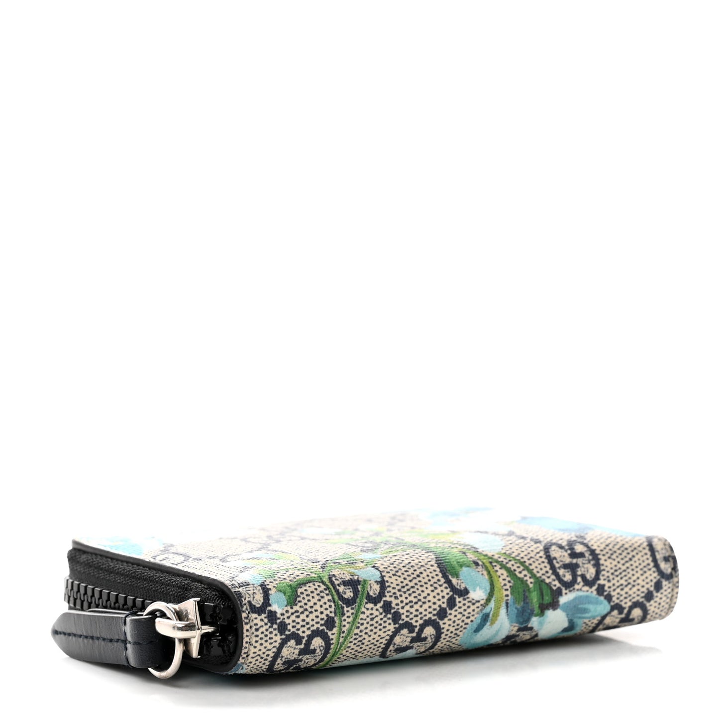 GG Supreme Monogram Blooms Zip Around Card Case Wallet Beige Blue Navy