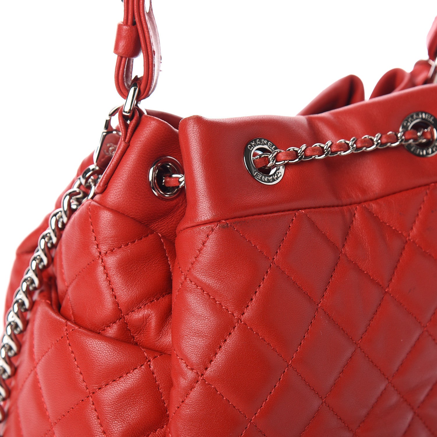 Chanel Lambskin Quilted Small CC Chain Drawstring Bucket Bag Red 8 of 10