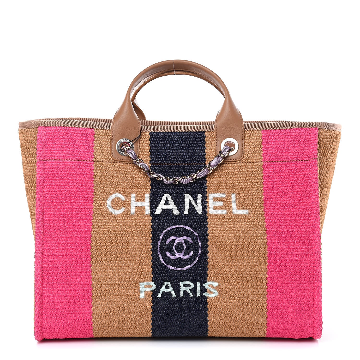 Chanel Straw Raffia Calfskin Striped Large Deauville Tote Dark Beige Fuchsia Navy Blue 1 of 10