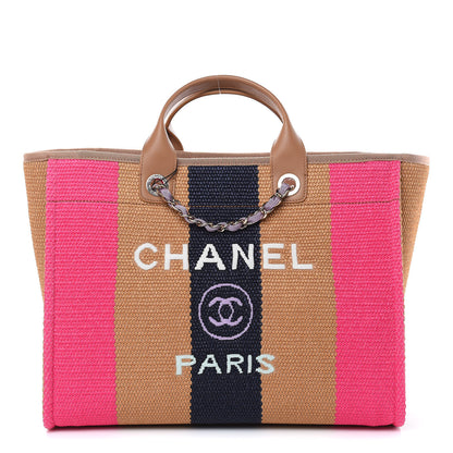 Chanel Straw Raffia Calfskin Striped Large Deauville Tote Dark Beige Fuchsia Navy Blue 1 of 10