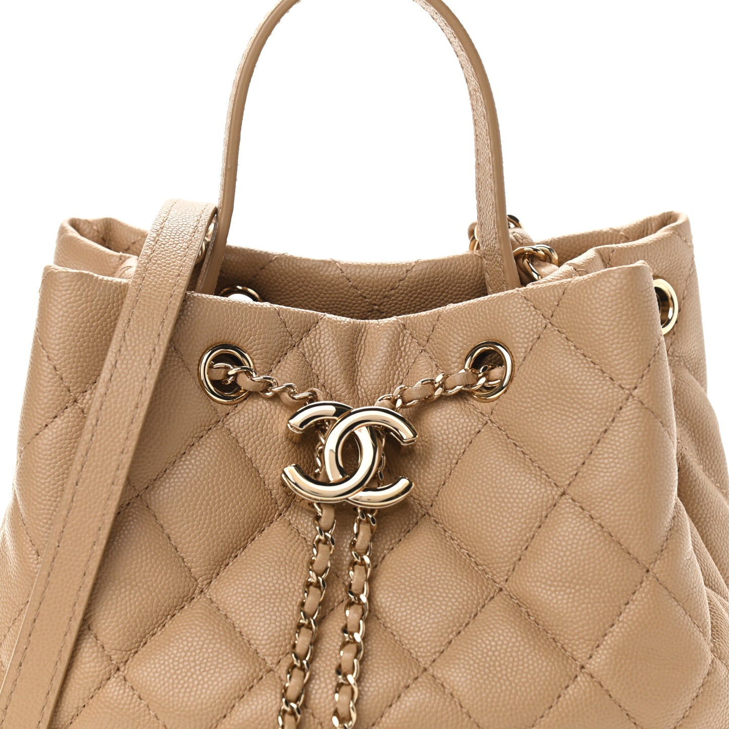 Caviar Quilted Rolled Up Bucket Drawstring Bag Beige