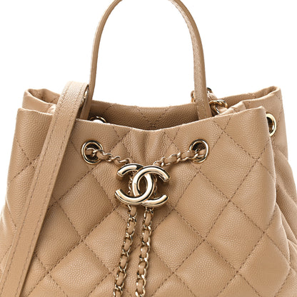 Chanel Caviar Quilted Rolled Up Bucket Drawstring Bag Beige 8 of 10