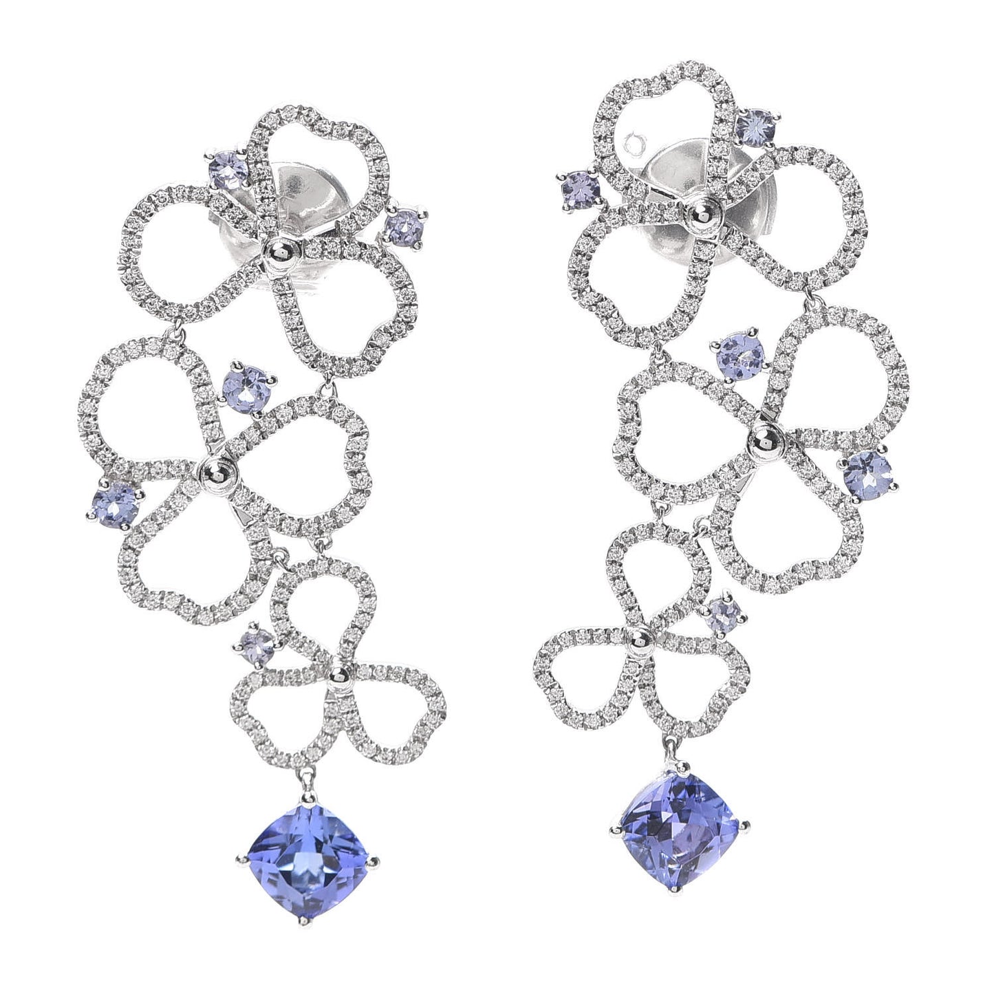 Platinum Diamond Tanzanite Paper Flowers Open Drop Earrings