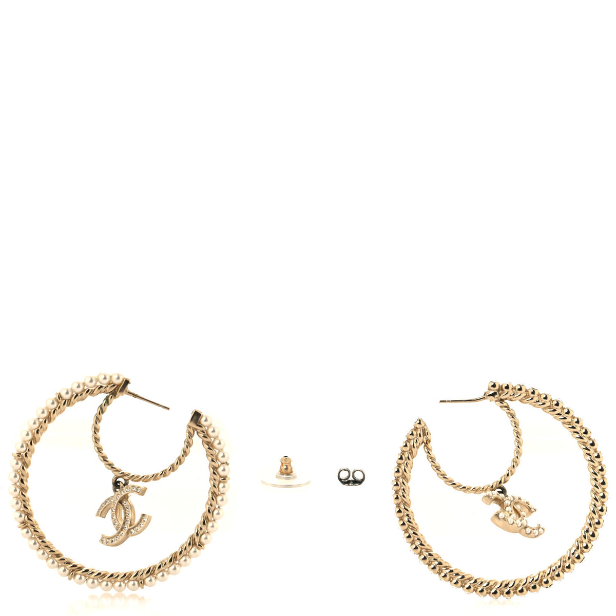 Chanel Crystal Pearl CC Drop Hoop Earrings Gold Pearly White 3 of 4