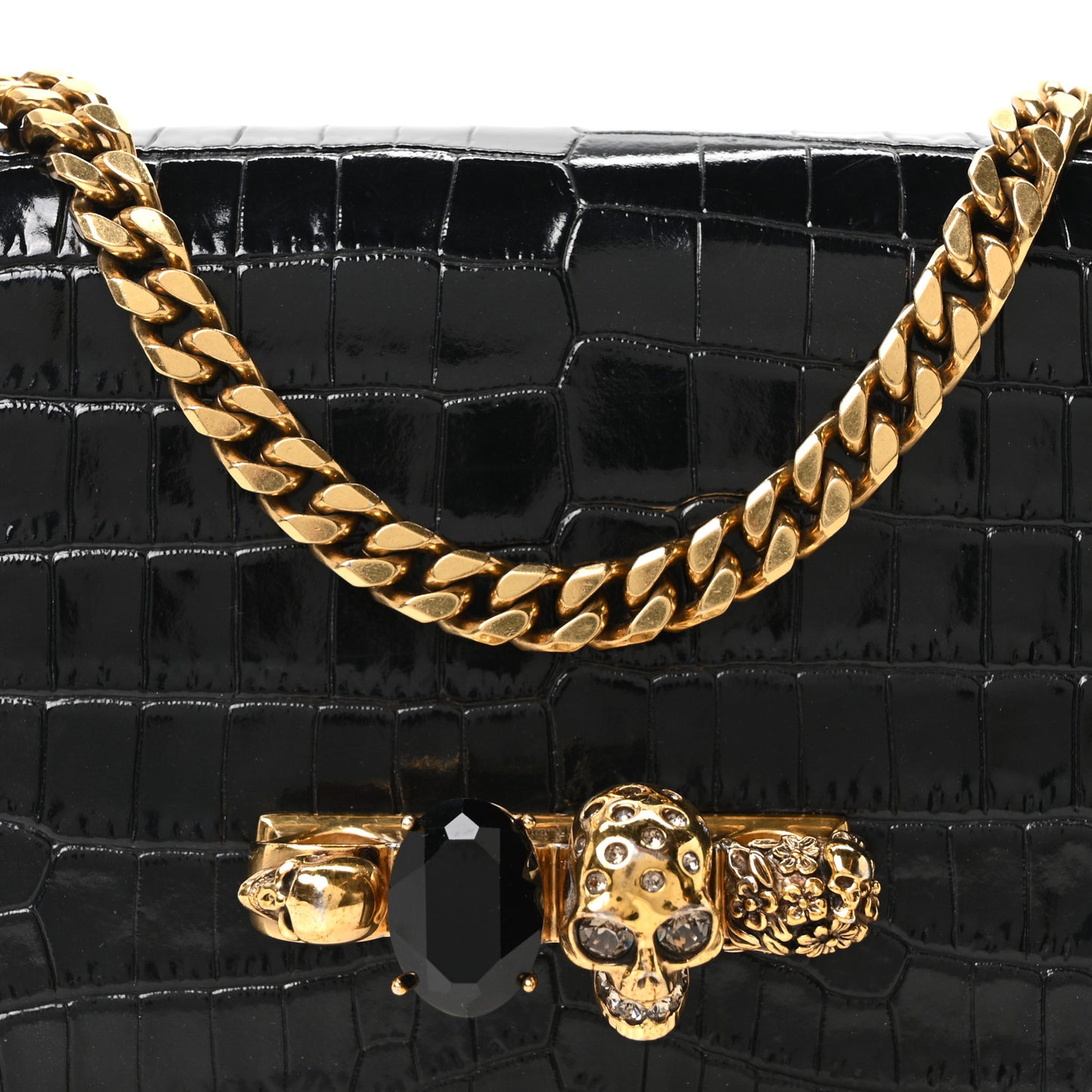 Crocodile Embossed Calfskin Knuckle Jeweled Crossbody Black