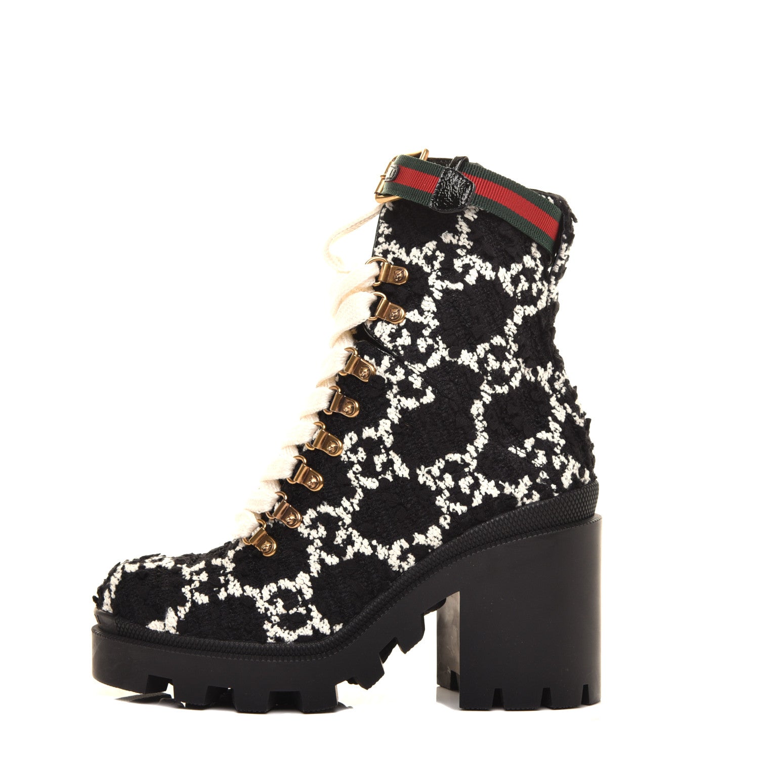 Gucci Tweed GG Monogram Lace Up Combat Ankle Boots 36 Black 1 of 9