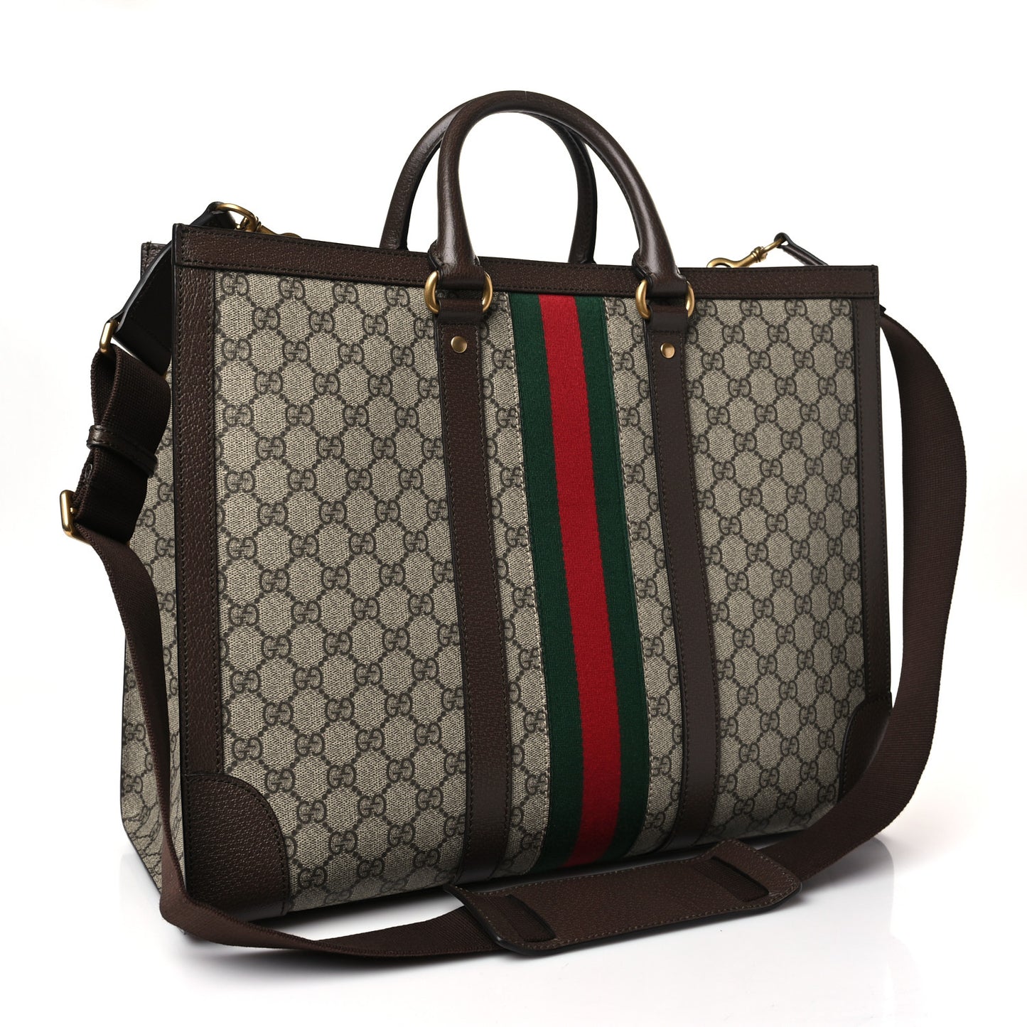 GG Supreme Monogram Textured Dollar Calfskin Web Large Ophidia Tote Bag Beige Ebony