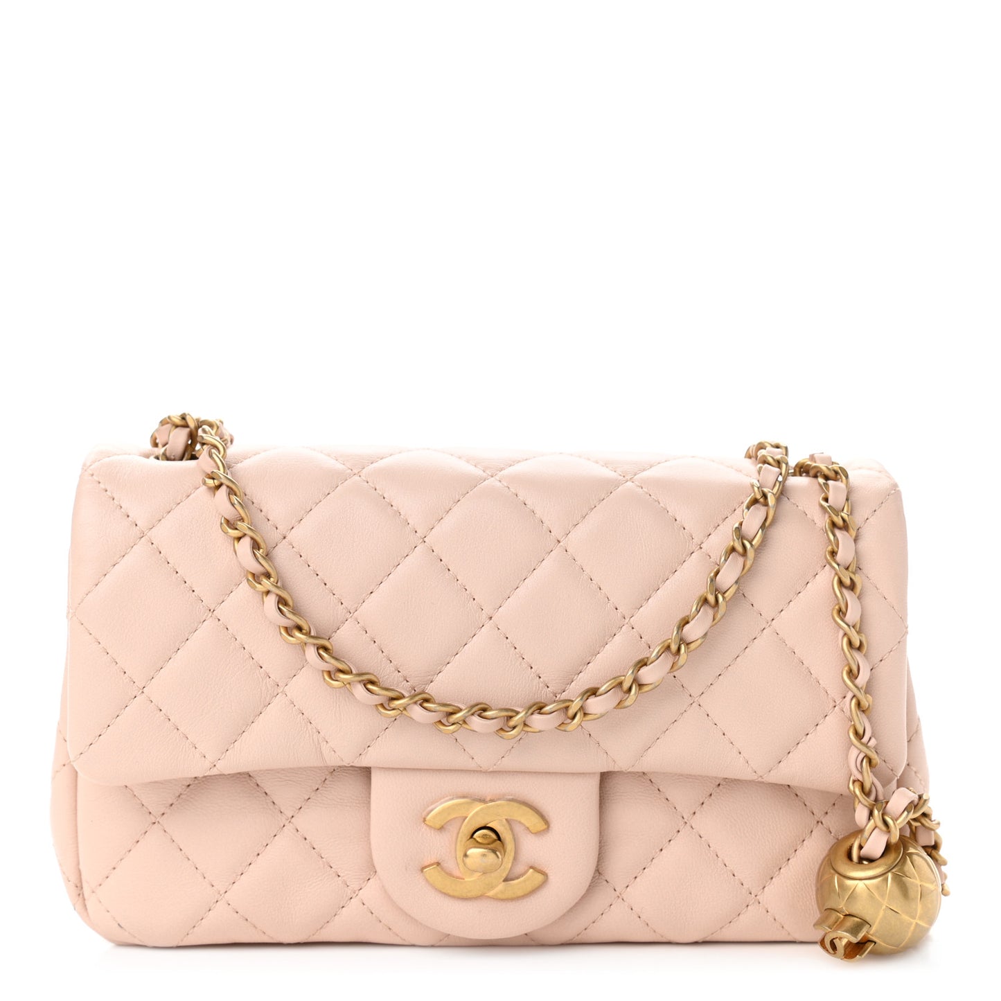 Lambskin Quilted Mini Rectangular Pearl Crush Flap Light Beige