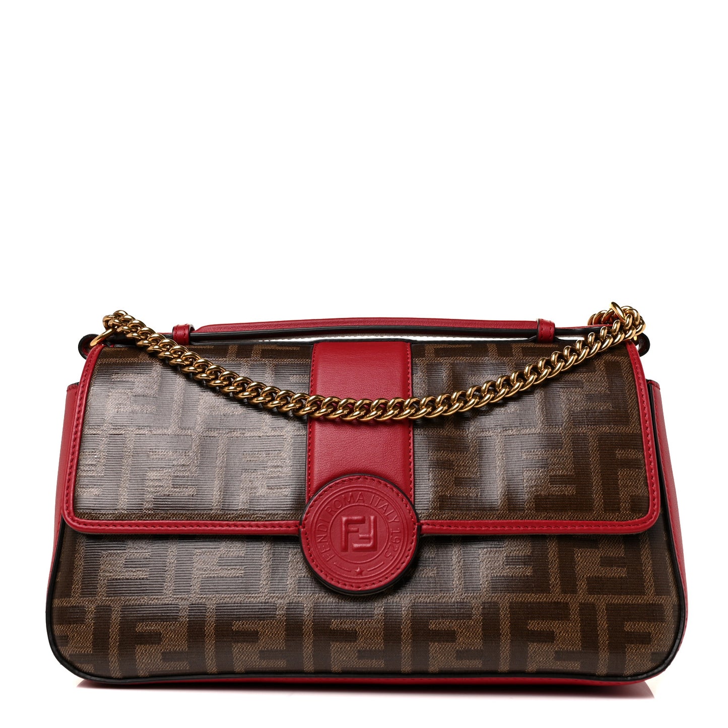 Vitello Grace Glazed Fabric FF 1974 Double F Shoulder Bag Fragola Mogano Panna