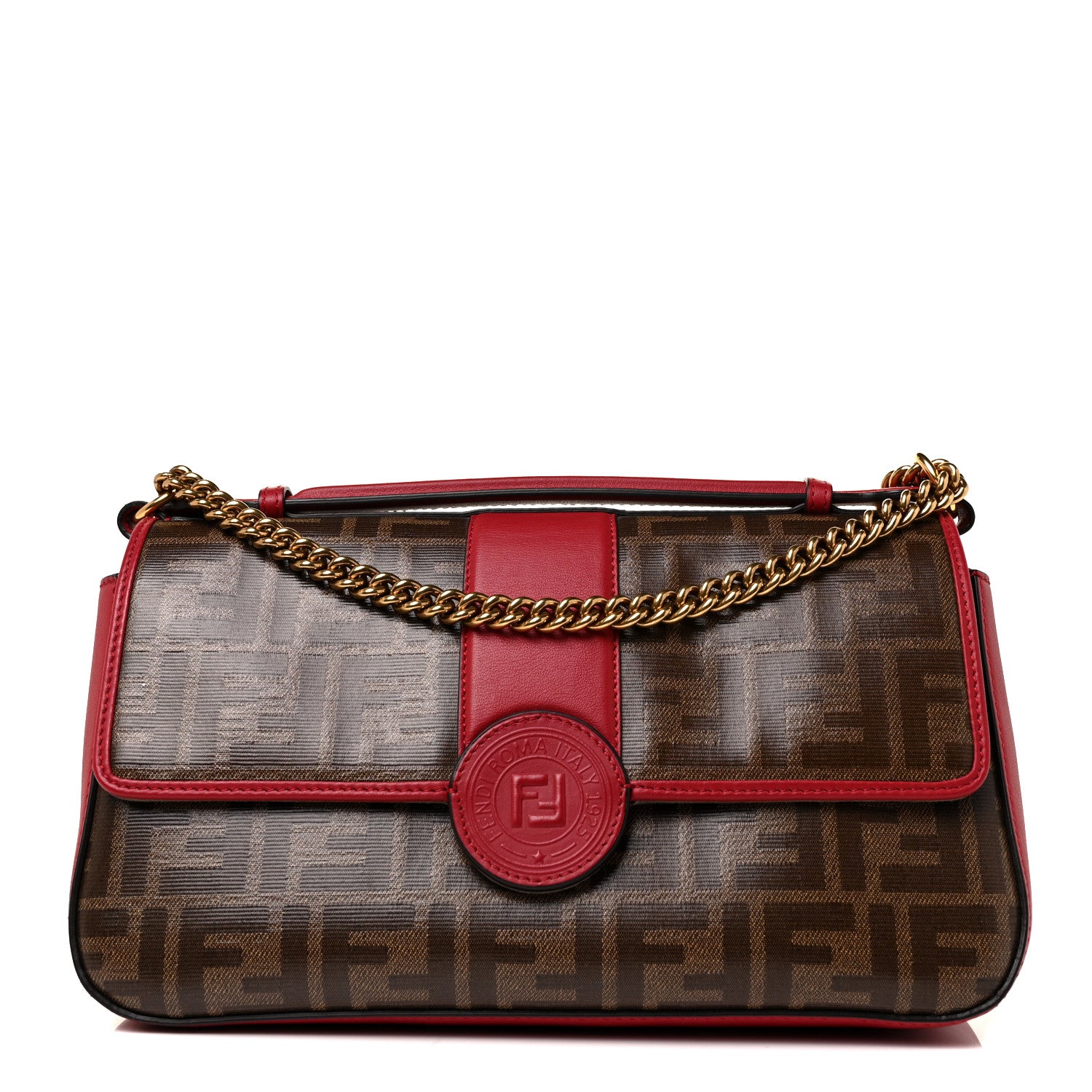 Fendi Vitello Grace Glazed Fabric FF 1974 Double F Shoulder Bag Fragola Mogano Panna 1 of 10