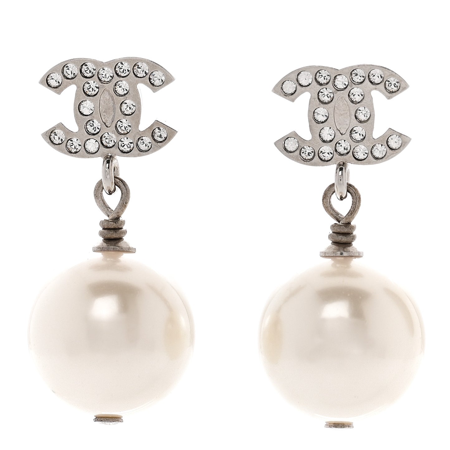 Crystal Pearl CC Drop Earrings Silver Pearly White