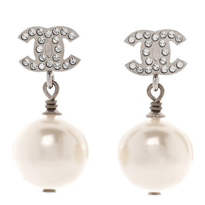 Chanel Crystal Pearl CC Drop Earrings Silver Pearly White 1 of 5