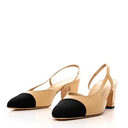 Chanel Goatskin Grosgrain Cap Toe CC Slingback Pumps 38 Beige Black 3 of 11