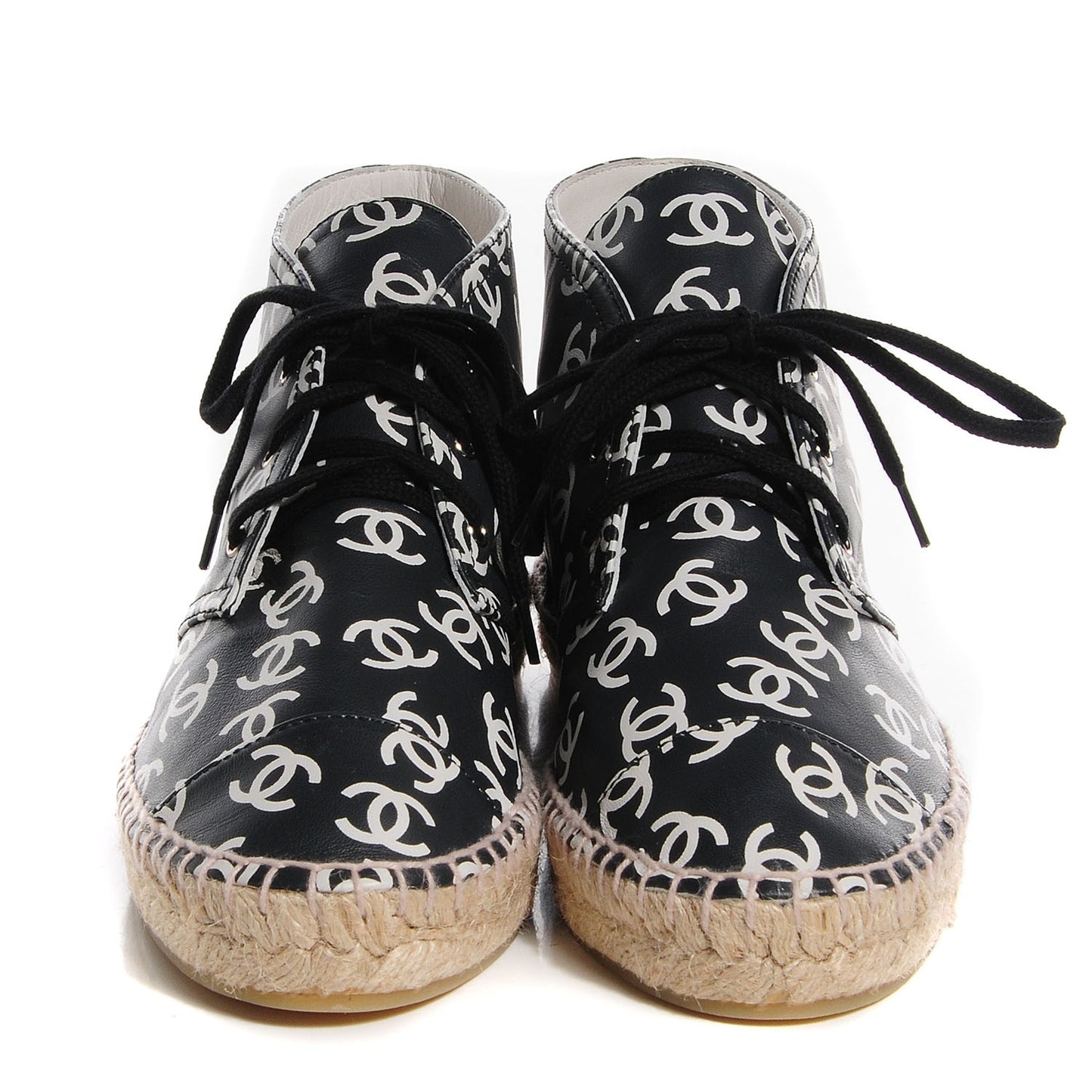 Lambskin Printed CC Lace Up Espadrilles 39 Black White