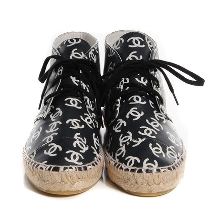 Chanel Lambskin Printed CC Lace Up Espadrilles 39 Black White 2 of 7