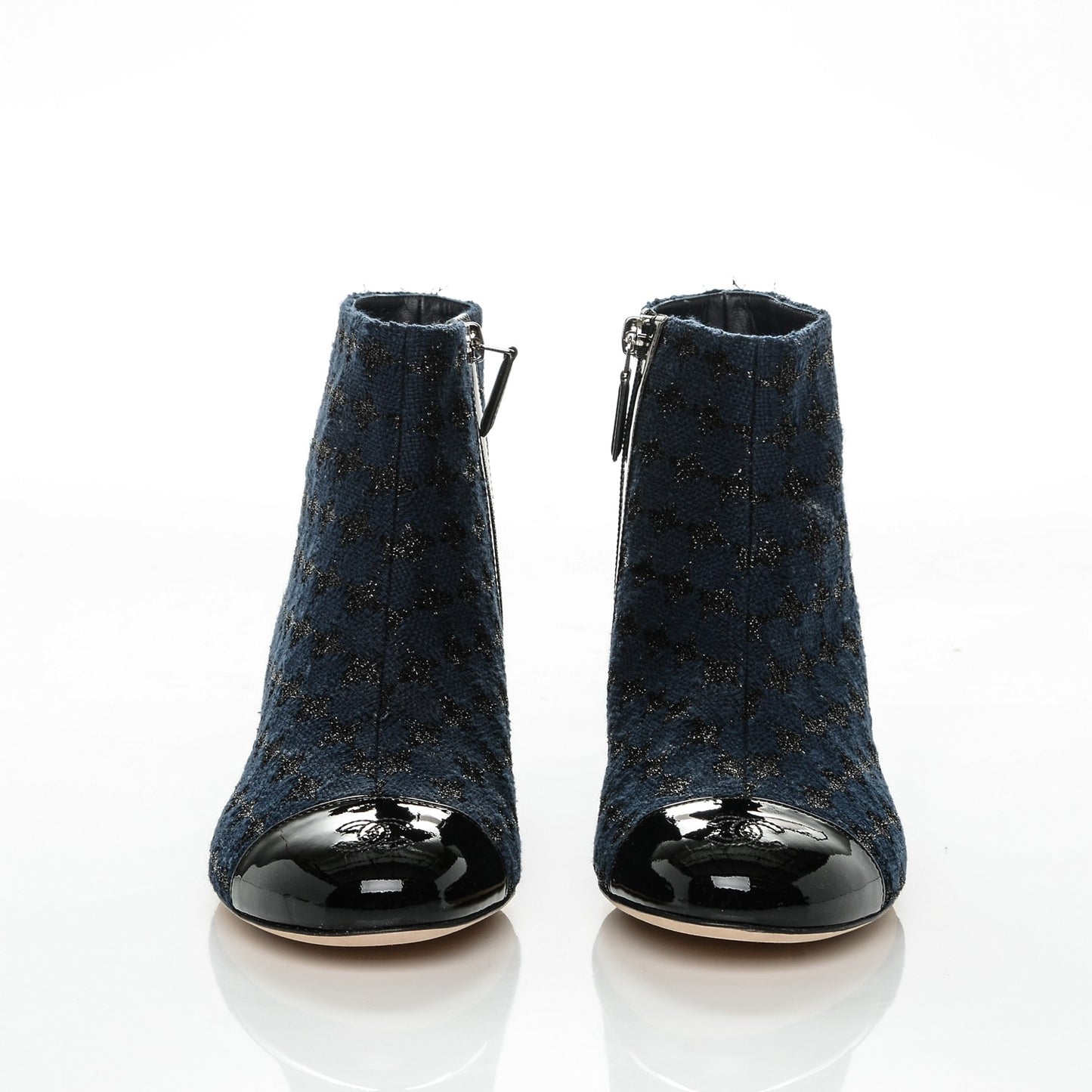 Tweed Calfskin Patent CC Short Boots 40 Navy Black